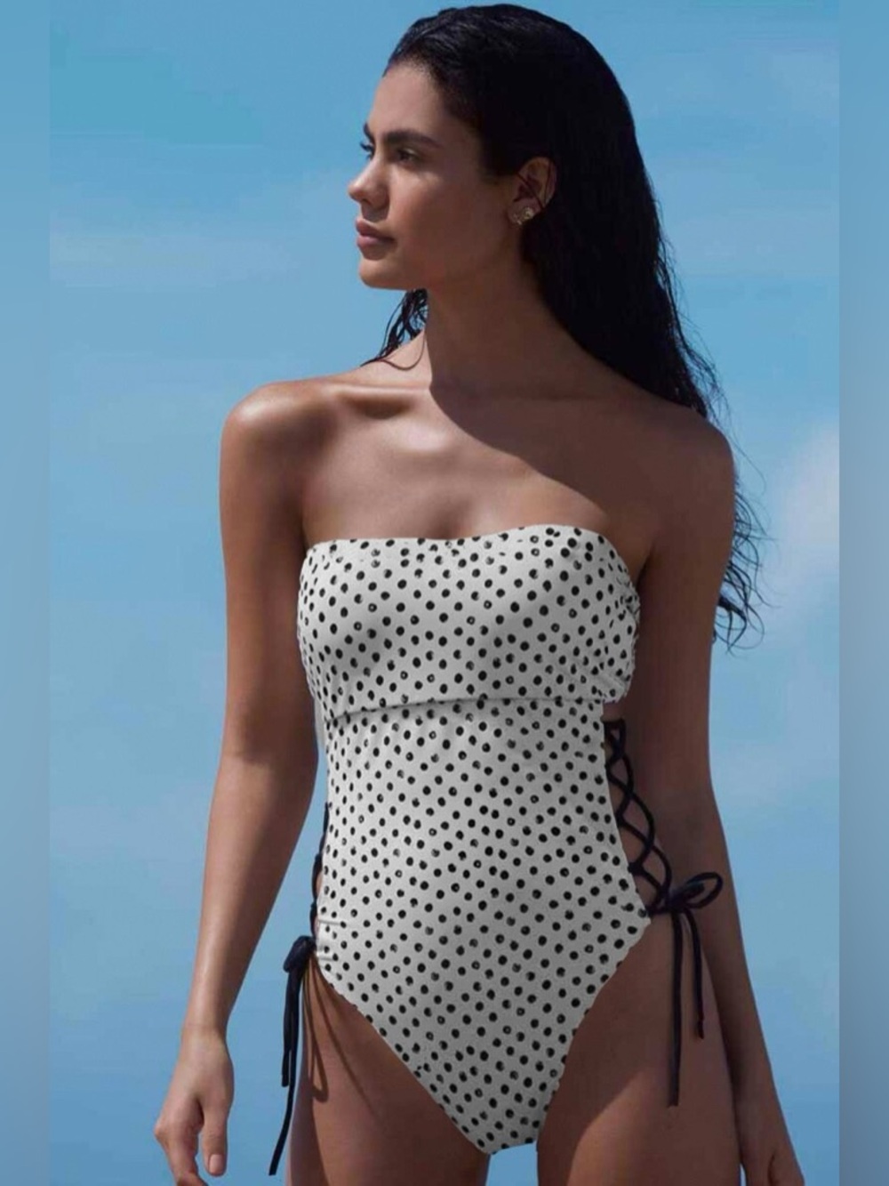 Rachel Roy Painted Dot Ivory Black Lace Up Sides One Piece swimsuit